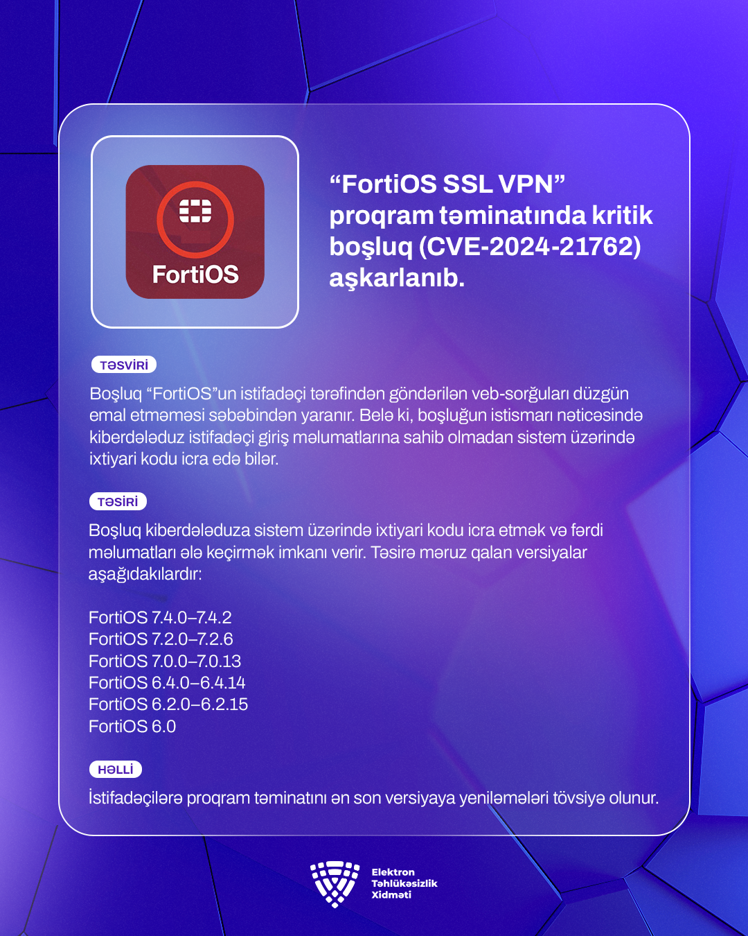 “FortiOS SSL VPN” proqram təminatında kritik boşluq (CVE-2024-21762) aşkarlanıb
