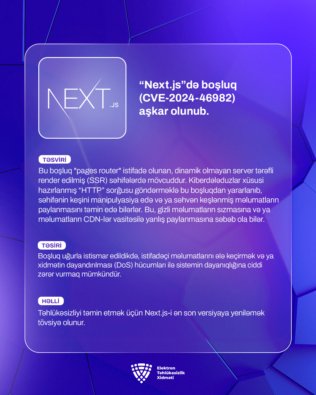 “Next.js”də boşluq (CVE-2024-46982) aşkar olunub.