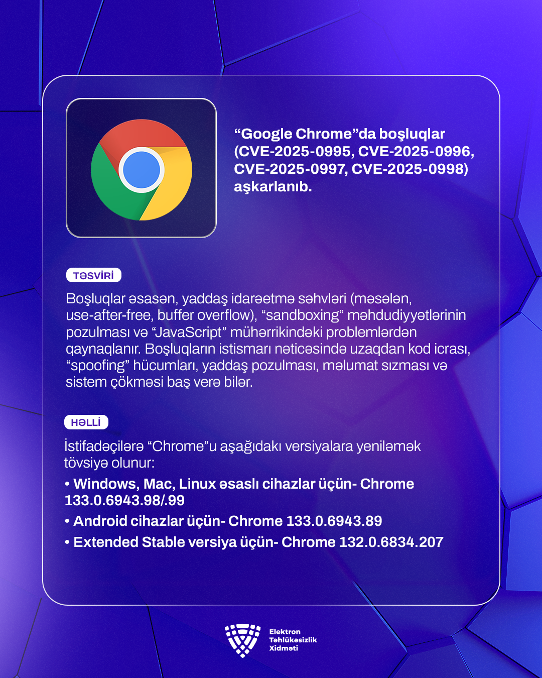 “Google Chrome”da boşluqlar (CVE-2025-0995, CVE-2025-0996, CVE-2025-0997, CVE-2025-0998) aşkarlanıb