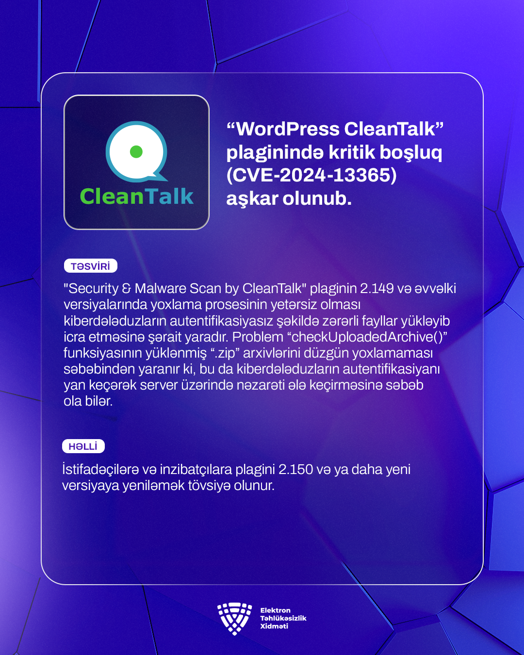 “WordPress CleanTalk” plaginində kritik boşluq (CVE-2024-13365) aşkar olunub