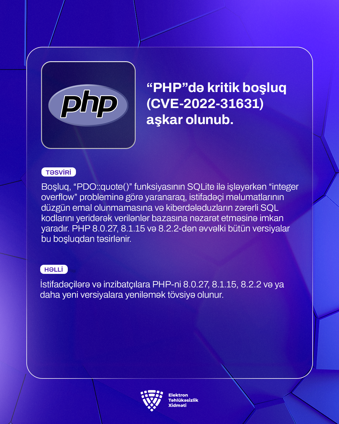 “PHP”də kritik boşluq (CVE-2022-31631) aşkar olunub