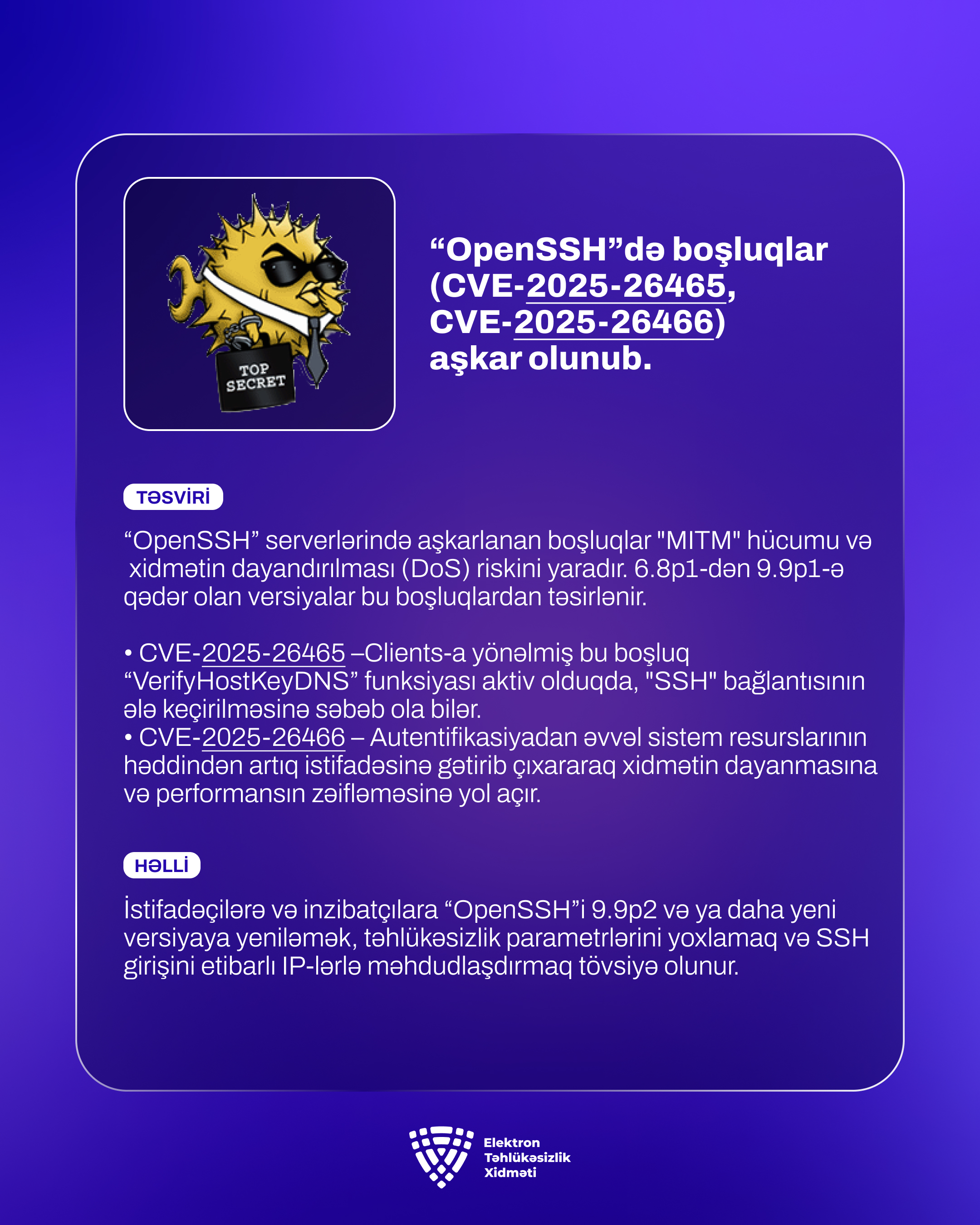 “OpenSSH”də boşluqlar (CVE-2025-26465, CVE-2025-26466) aşkar olunub